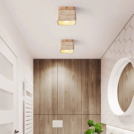 Plafonnier LED carré style nordique en pierre et bois crème pour porche et couloir — LZ4X9T
