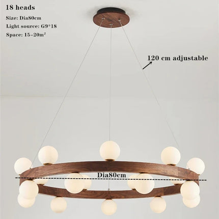 Lustre rond en noyer avec ampoules LED en verre moderne — LZ4X9P