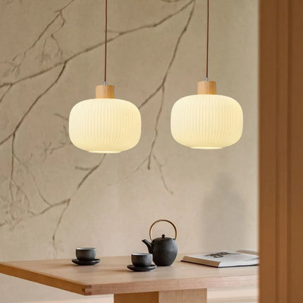 Suspension en verre blanc style japonais avec bois pour salon et salle à manger — LZ4X9T1