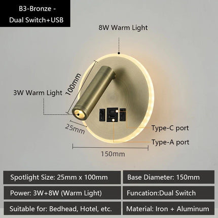 Applique murale LED moderne avec ports USB et lampes de lecture réglables — LZ4X9P2