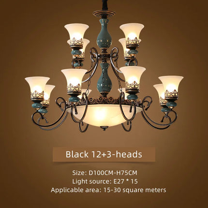 Lustre rétro européen en céramique avec abat-jour en verre — LZ4X9P2