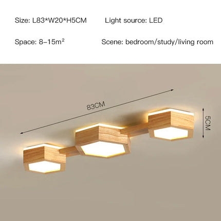 plafonnier en bois design moderne hexagonal avec éclairage LED