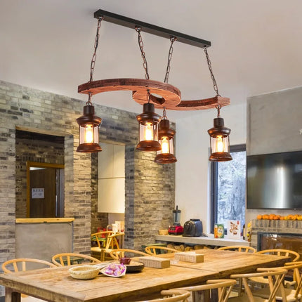 Lustre industriel 4 têtes en bois et fer pour café et bar — LZ4M9X