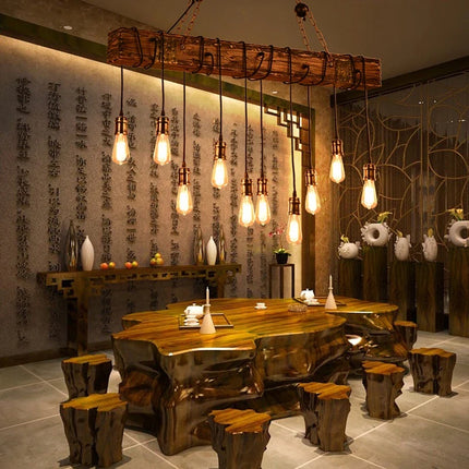 Lustre suspension rétro en bois style industriel pour café — LZ4D7Q9