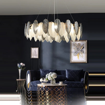 Lustre suspension LED art déco en cristal avec plumes blanches et grises — LZ4X9T2