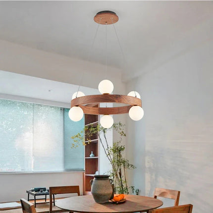 Lustre rond en noyer avec ampoules LED en verre moderne — LZ4X9P