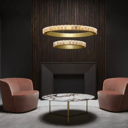 Lustre LED postmoderne anneaux ronds marbre noir et or pour salle à manger — LZ4P9XQ