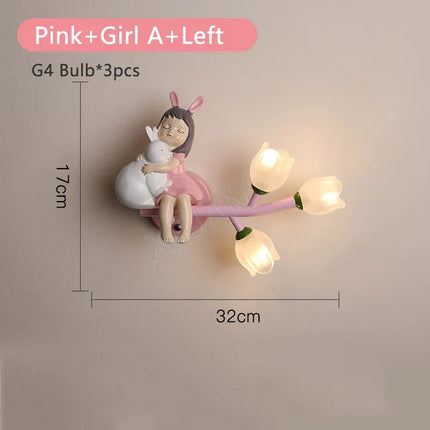 Applique murale LED G4 motif fille lapin et fleur pour enfants — LZQ7X9