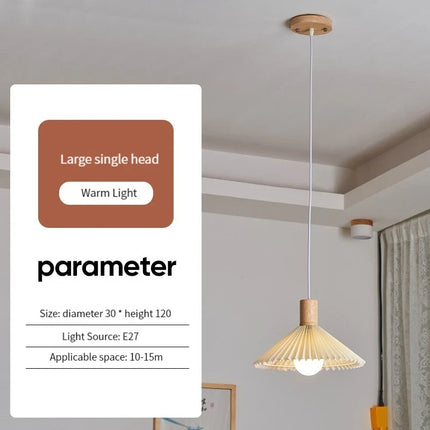 Suspension moderne en tissu plissé avec base en bois naturel — LZ4X9Q