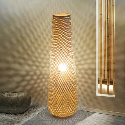 Lampadaire cylindrique en bois et osier tissé bambou rétro — LZ4X9J