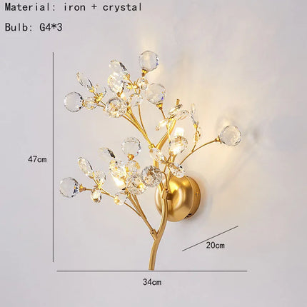 applique murale en cristal avec branches de fleurs romantiques en métal