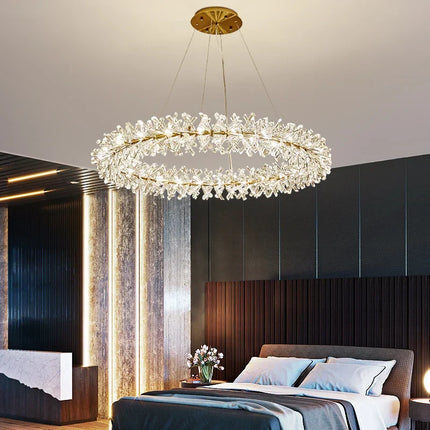 Lustre LED rond en cristal clair avec fil métallique doré réglable — LZ4N7Q2