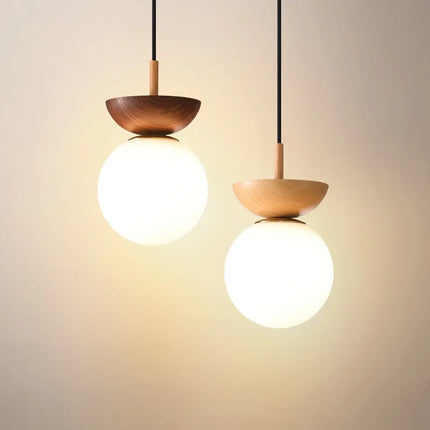 Plafonnier LED rond en verre avec abat-jour en bois naturel — LZ4X9T2
