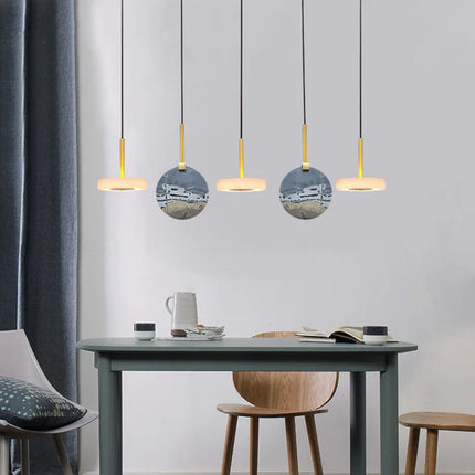 Lustre suspendu en bois naturel et marbre doré avec éclairage LED — LZ4XJ9