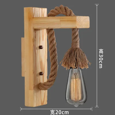 Applique murale industrielle en bois, métal et corde de chanvre pour escalier et porche — LZ4X9T