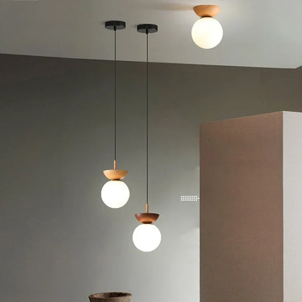 Plafonnier LED rond en verre avec abat-jour en bois naturel — LZ4X9T2