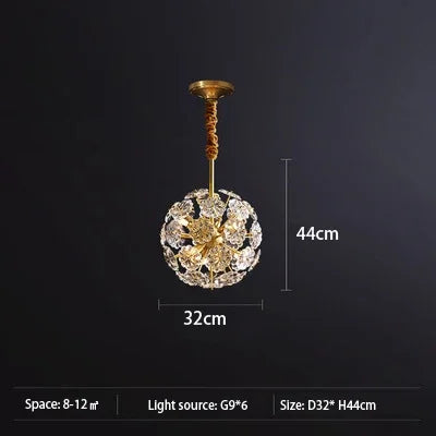 Lustre suspension LED décoratif motif pissenlit en cuivre et cristal — LZ4X9T