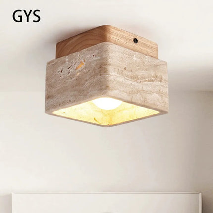 Plafonnier LED carré style nordique en pierre et bois crème pour porche et couloir — LZ4X9T