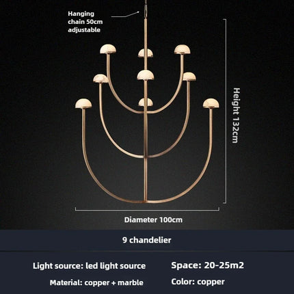 Lustre en marbre naturel espagnol avec LED et finition cuivre style rétro — LZ4X9T1