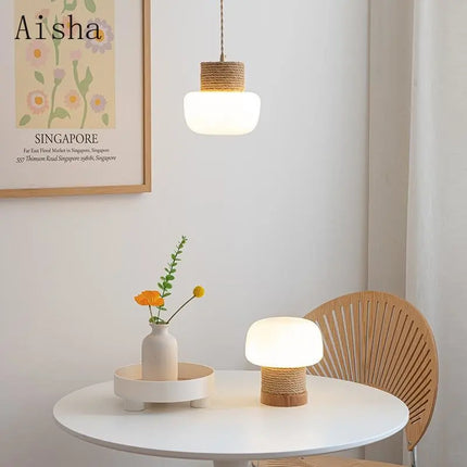 Suspension en verre blanc style wabi-sabi avec corde de chanvre — LZ4X9T2
