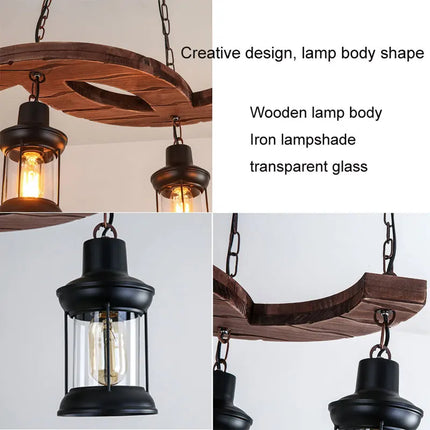 Lustre industriel 4 têtes en bois et fer pour café et bar — LZ4M9X