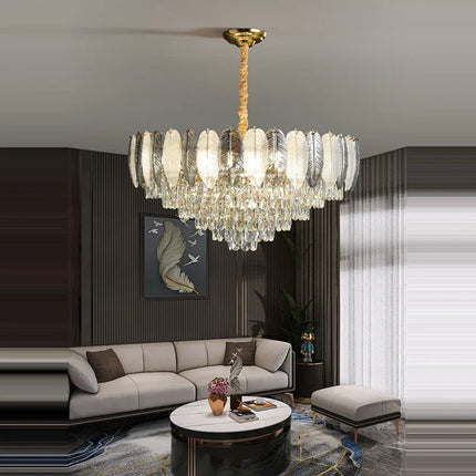 Lustre suspension LED art déco en cristal avec plumes blanches et grises — LZ4X9T2