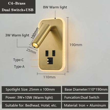 Applique murale LED moderne avec ports USB et lampes de lecture réglables — LZ4X9P2