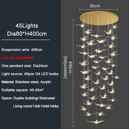 YOULAIKE oiseau design led lustre pour escalier de luxe salon suspendu luminaire couloir longue spirale acrylique lampes