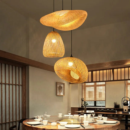 Lustre suspension style chinois fait main en bambou tressé vintage — LZ4Q9X