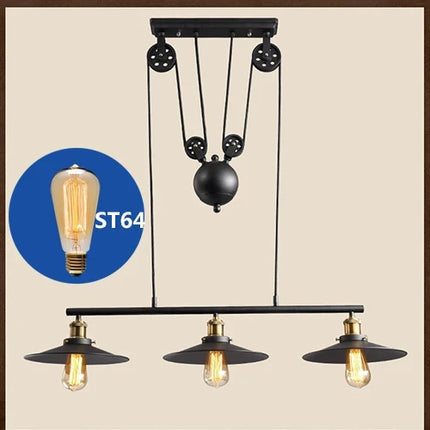 Suspension industrielle vintage à 3 têtes avec poulie en fer — LZ4X9P