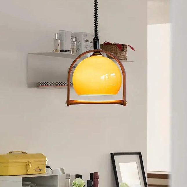 Lustre suspension vintage en verre et bois pour intérieur — LZ4X9P