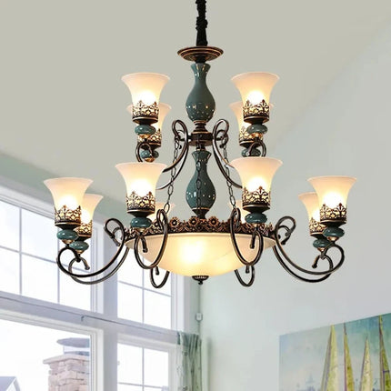 Lustre rétro européen en céramique avec abat-jour en verre — LZ4X9P2