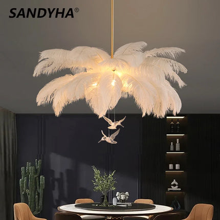 Lustre suspension LED plume d'autruche Sandyha Luxe — LZ4X9P2