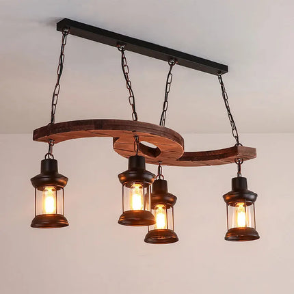 Lustre industriel 4 têtes en bois et fer pour café et bar — LZ4M9X