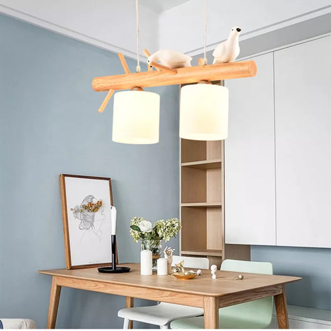 Lustre nordique en bois massif avec oiseaux
