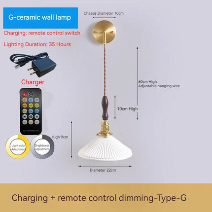 applique murale rechargeable en céramique avec interrupteur rotatif style vintage