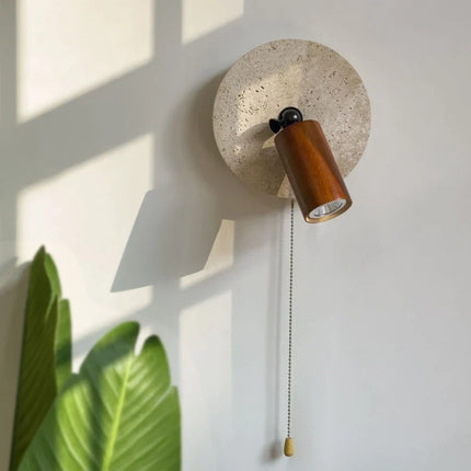 Applique murale en pierre et bois avec ampoule ronde et interrupteur intégré — LZ4M7Q2