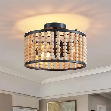 Plafonnier artisanal en perles de bois style vintage pour intérieur cosy — LZ4M9X2