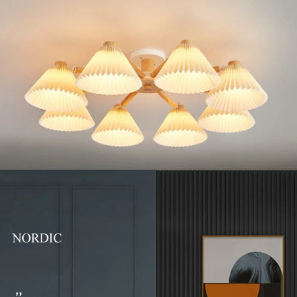 Lustre suspension nordique en bois avec abat-jour plissé — LZ4P9XJ