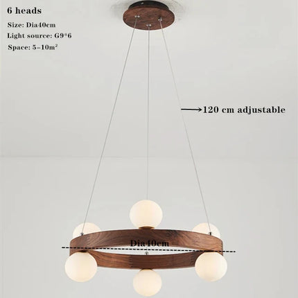 Lustre rond en noyer avec ampoules LED en verre moderne — LZ4X9P