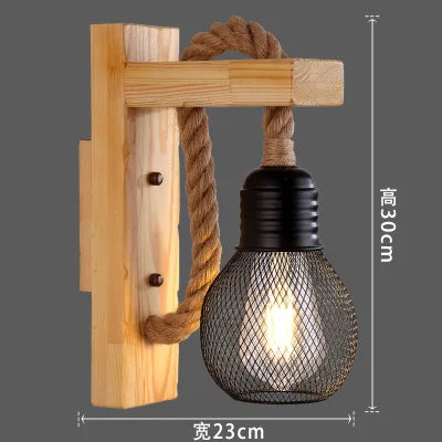 Applique murale industrielle en bois, métal et corde de chanvre pour escalier et porche — LZ4X9T