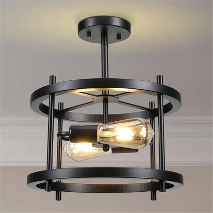 Plafonnier rétro semi-encastré 2 lumières bois style ferme industrielle — LZ4X9T