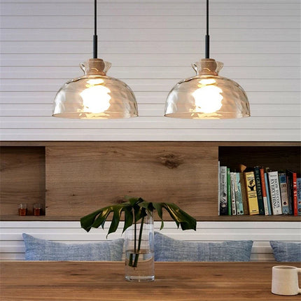 Suspension LED en verre grain d'eau et bois style nordique rétro — LZ4X9P