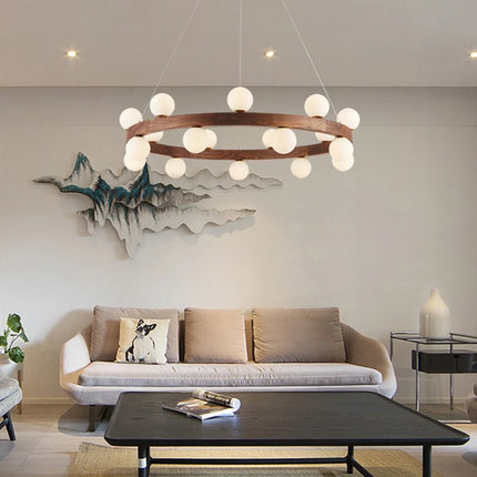 Lustre rond en noyer avec ampoules LED en verre moderne — LZ4X9P