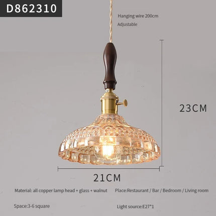 suspension moderne en laiton avec abat-jour rustique en verre de noyer