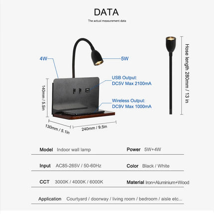Applique murale LED d’intérieur avec port USB et charge sans fil — LZ4XJ9