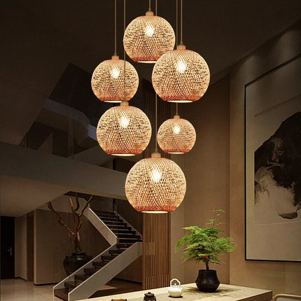 Lustre suspension LED nordique en bambou tissé à la main — LZ4XJ9