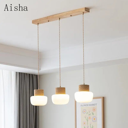 Suspension en verre blanc style wabi-sabi avec corde de chanvre — LZ4X9T2