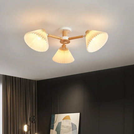 Lustre suspension nordique en bois avec abat-jour plissé — LZ4P9XJ