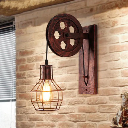 Applique murale rétro en fer forgé avec poulie décorative d’intérieur — LZ4G7XQ